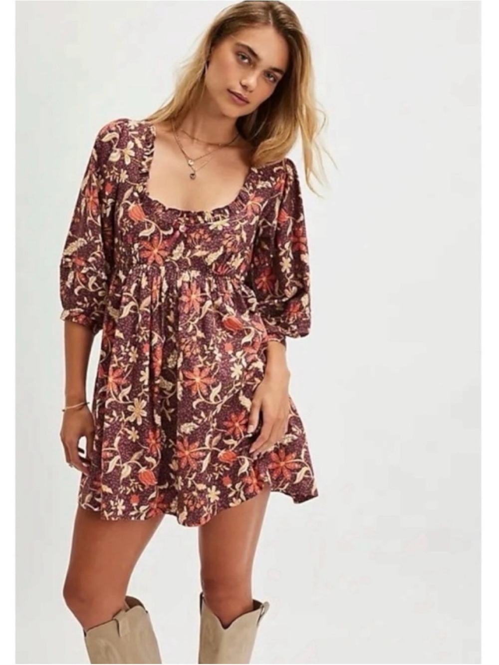 Free People NWT Lola Brown Multicolored Floral Mini Babydoll Dress Size Medium - Picture 5 of 11